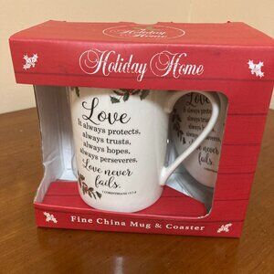 Religious Christmas Mug and Coaster Corinthians 13:7-8 Love Never Fails